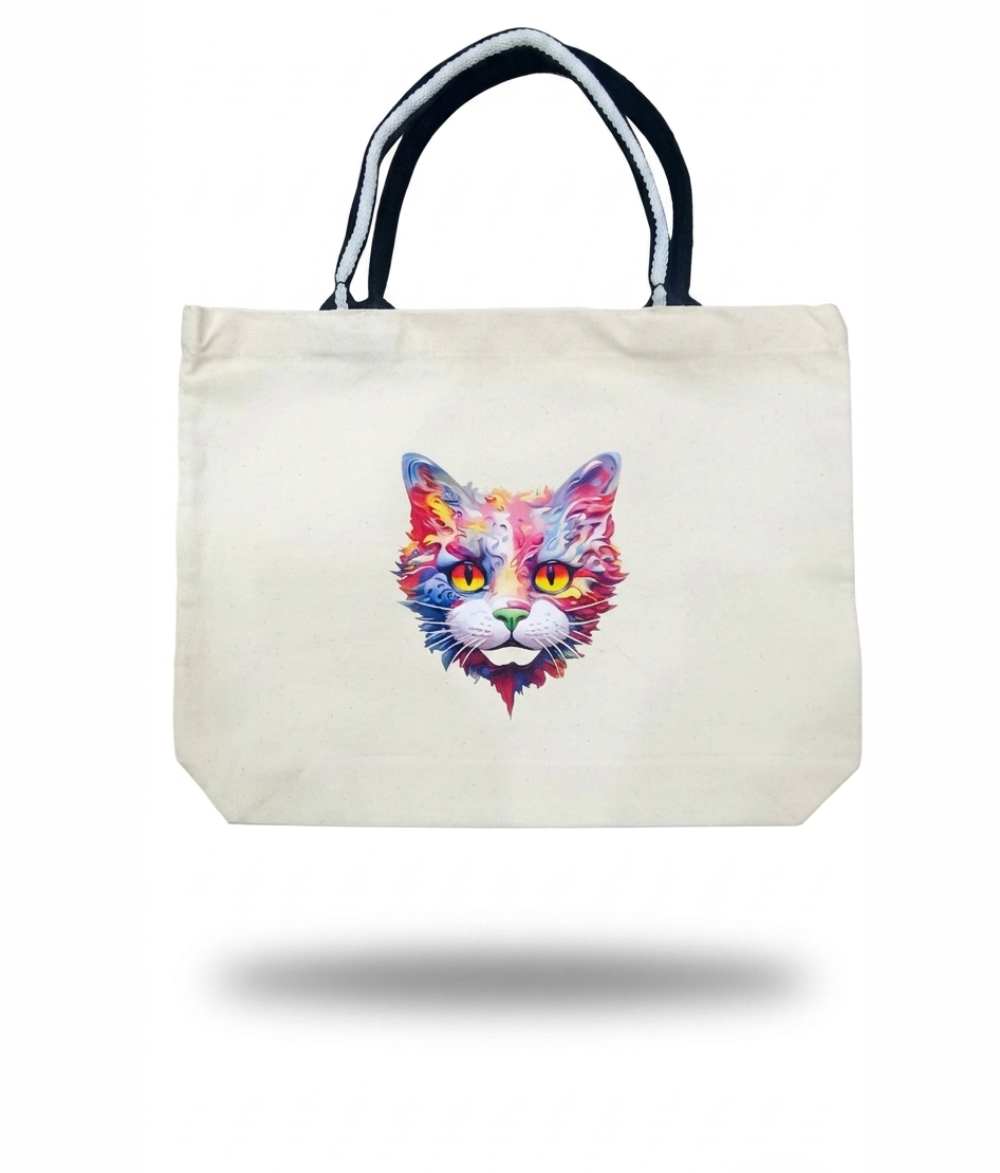 Artistic Psychedelic Cat Canvas Tote Bag