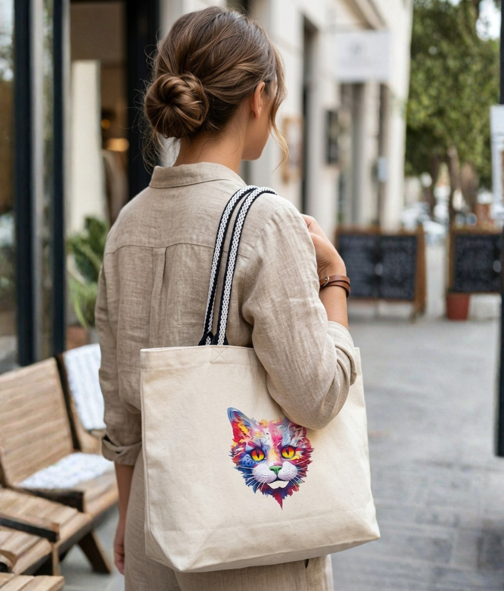 Artistic Psychedelic Cat Canvas Tote Bag