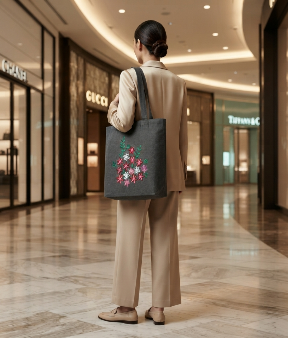 Floral Cotton Tote Bag | Charcoal Grey Cotton Shoulder Bag