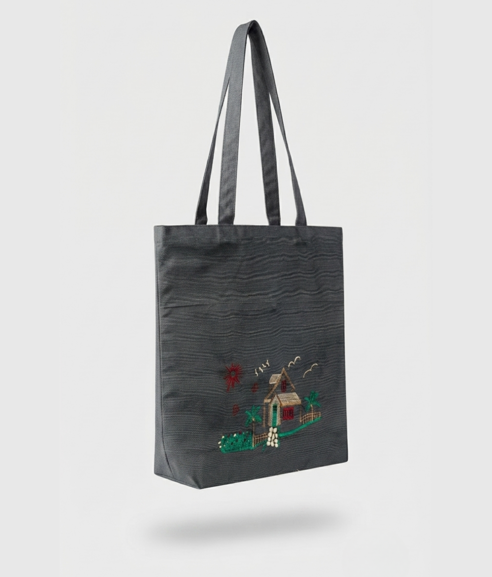 Village Scene Cotton Tote Bag | Charcoal Grey Cotton Shoulder Bag