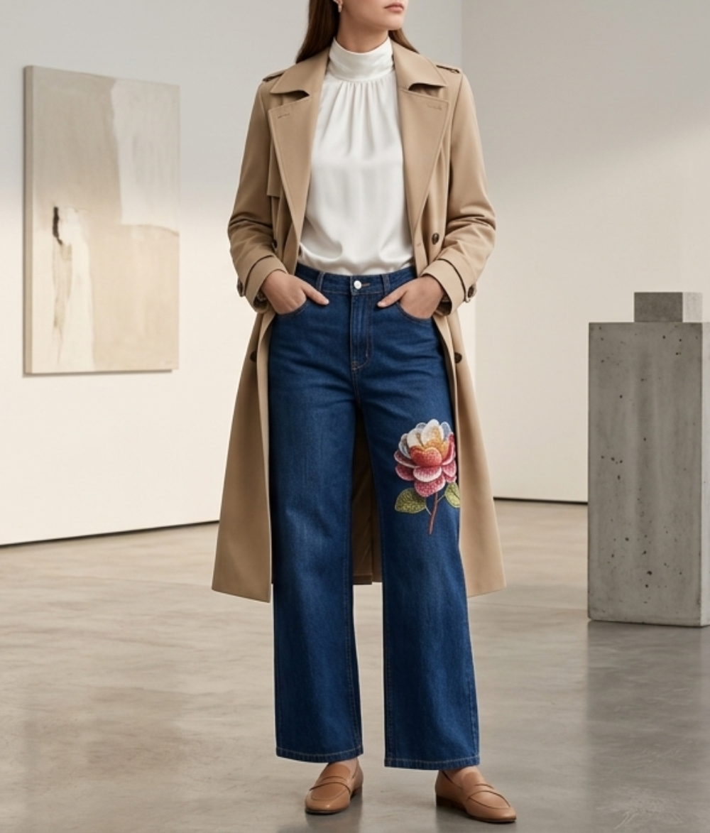 Botanical Embroidered Wide-Leg Denim