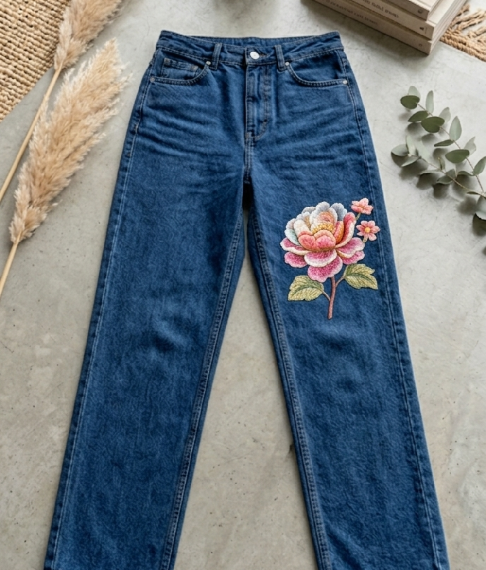 Botanical Embroidered Wide-Leg Denim