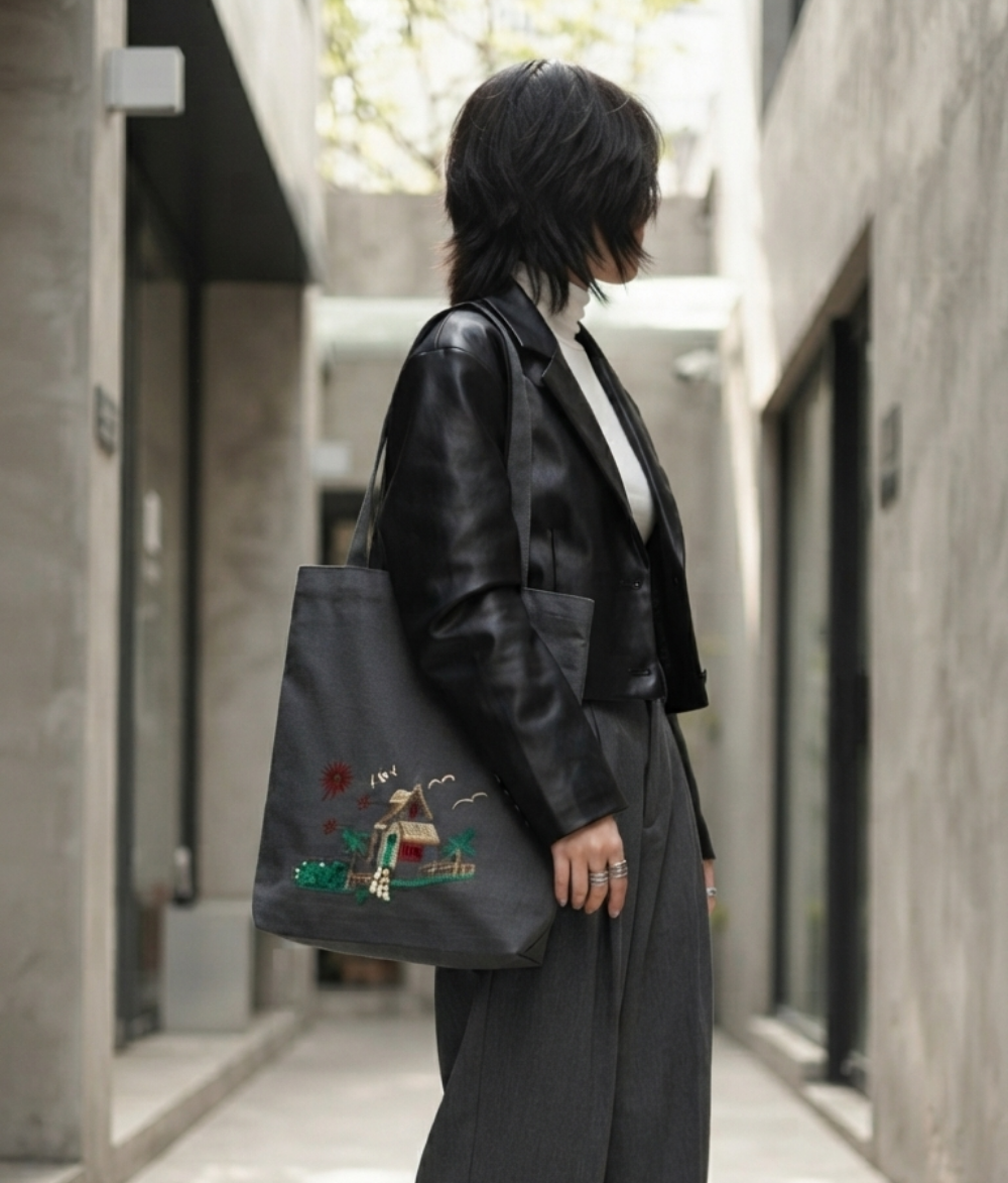 Village Scene Cotton Tote Bag | Charcoal Grey Cotton Shoulder Bag