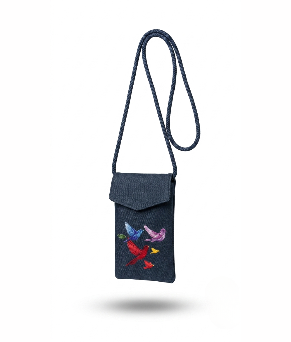 Embroidered Denim Crossbody Phone Bag – Indigo Canvas Mobile Pouch