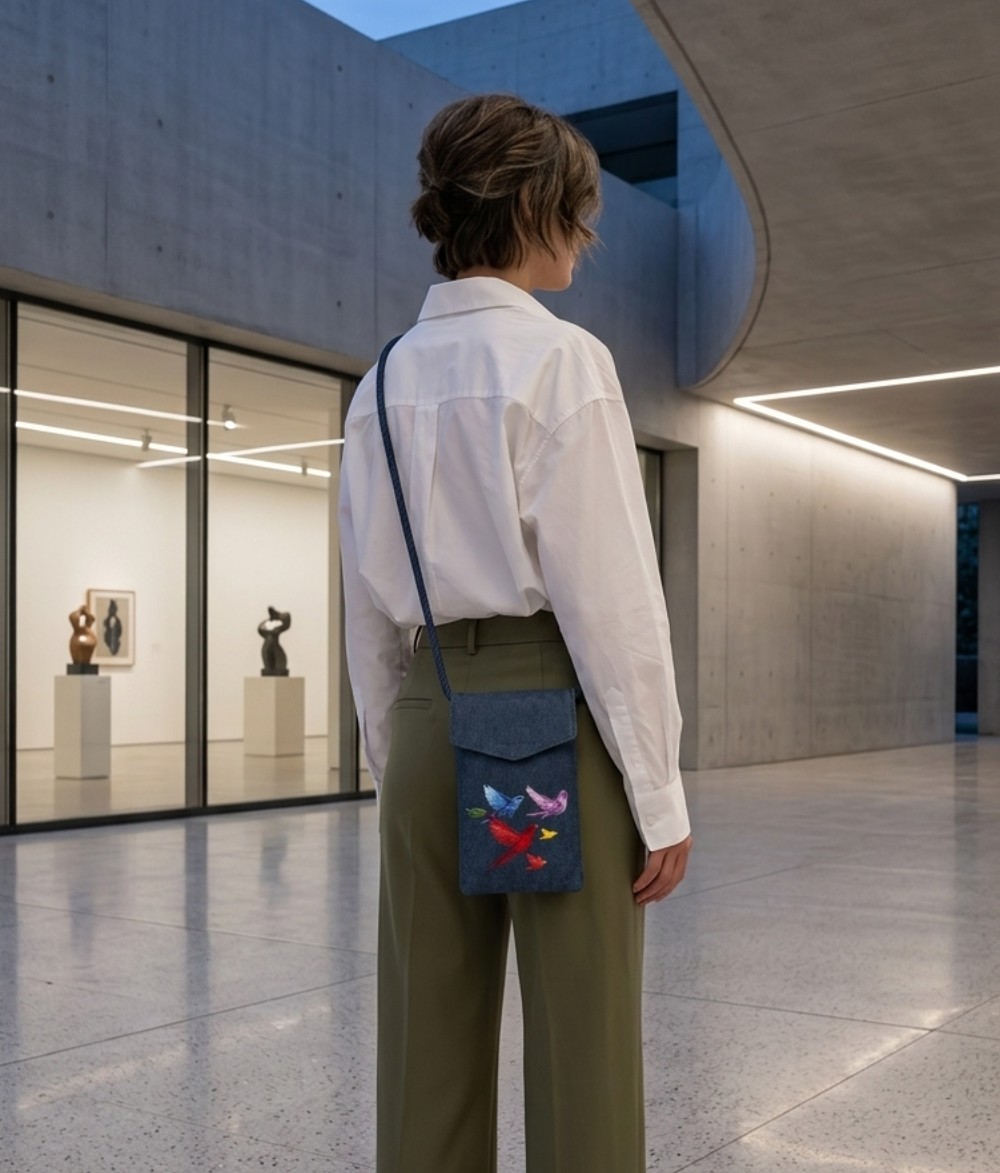 Embroidered Denim Crossbody Phone Bag – Indigo Canvas Mobile Pouch