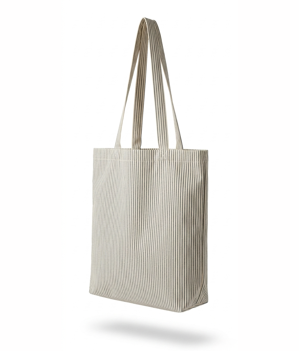 Vertical Stripe Cotton Tote Bag – Durable Cream Canvas Shoulder Bag