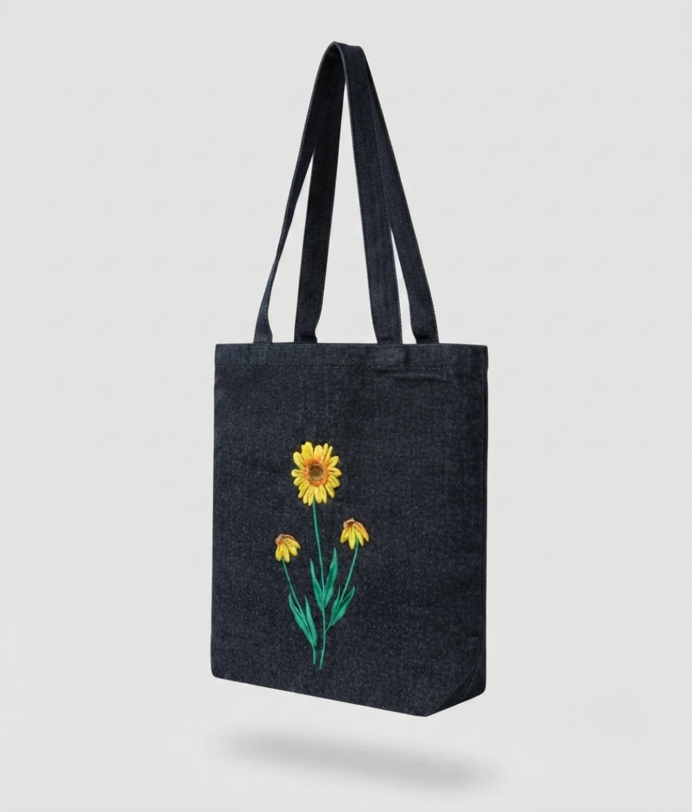 Floral Denim Tote Bag | Dark Wash Blue Cotton Canvas Shoulder Bag