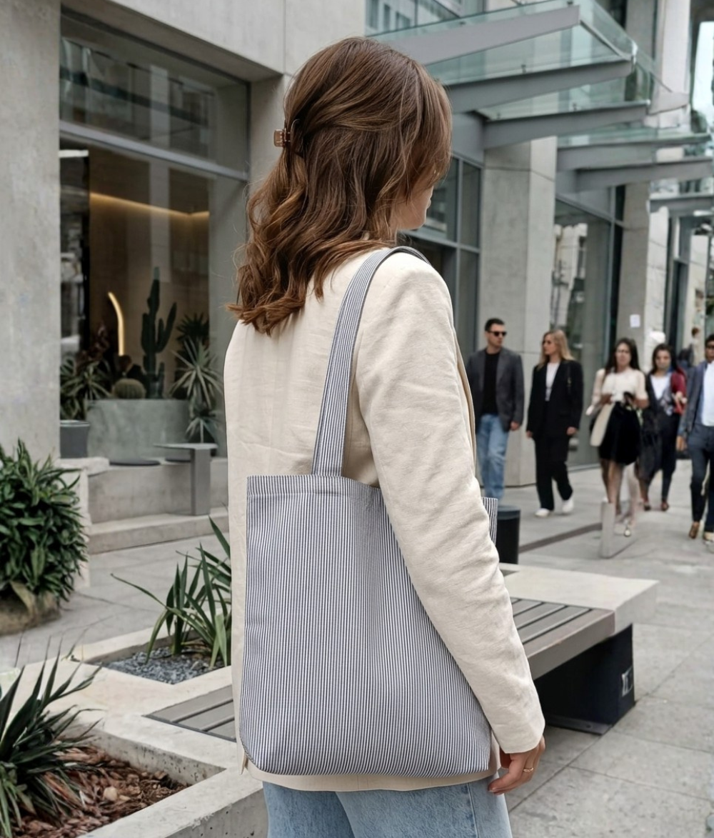 Soft Grey Pinstripe Canvas Tote Bag | Aesthetic Reusable Cotton Shoulder Bag