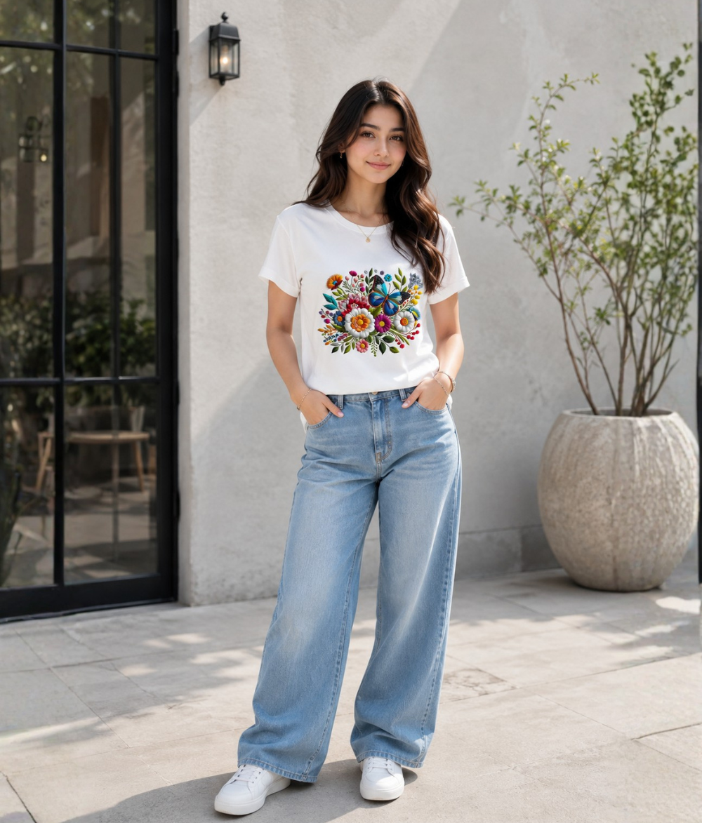 Floral Garden Butterfly Graphic Girls T-Shirt