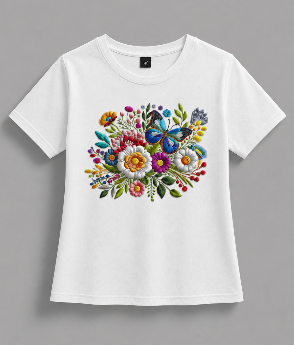 Floral Garden Butterfly Graphic Girls T-Shirt