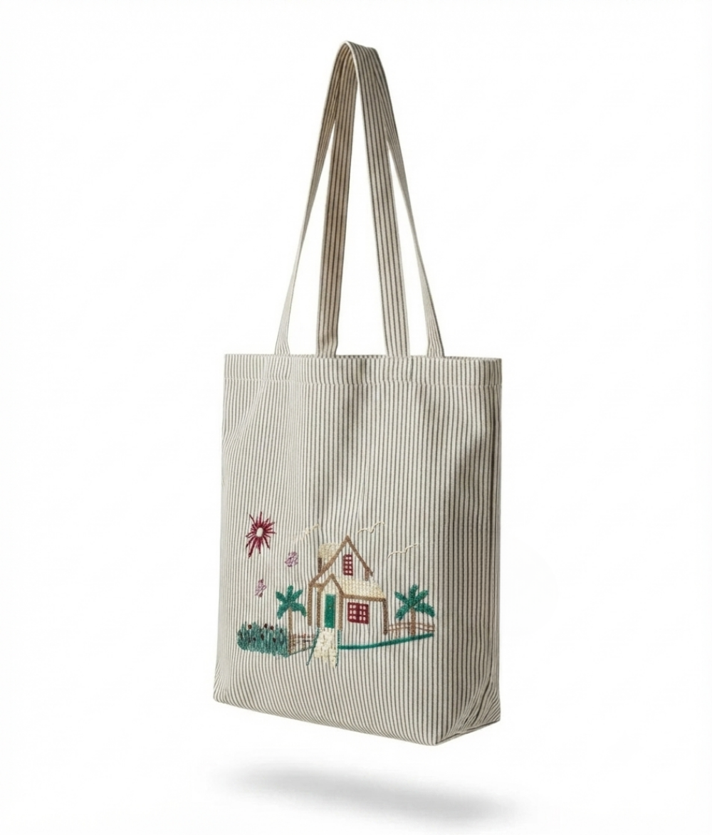 Minimalist Village Scene Striped Cotton Tote Bag | Beige Cotton Shoulder Bag