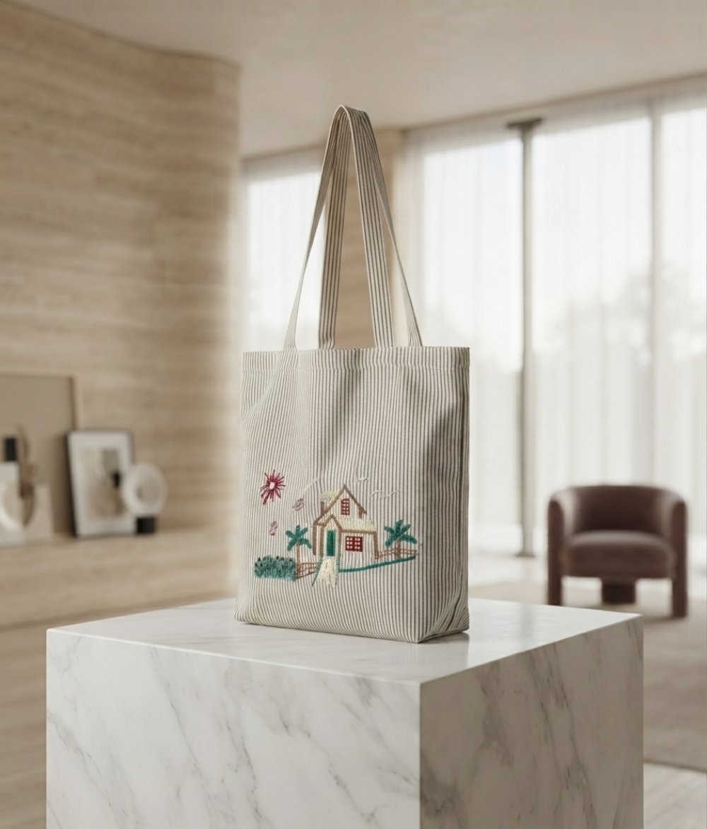 Minimalist Village Scene Striped Cotton Tote Bag | Beige Cotton Shoulder Bag