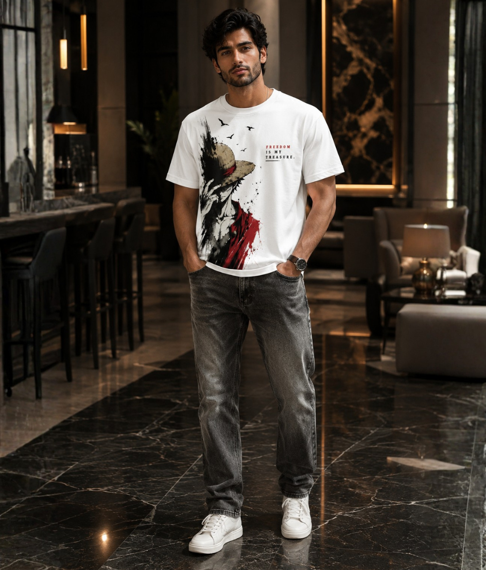 Anime Graphic Print Men's T-Shirt – "Freedom Is My Treasure"