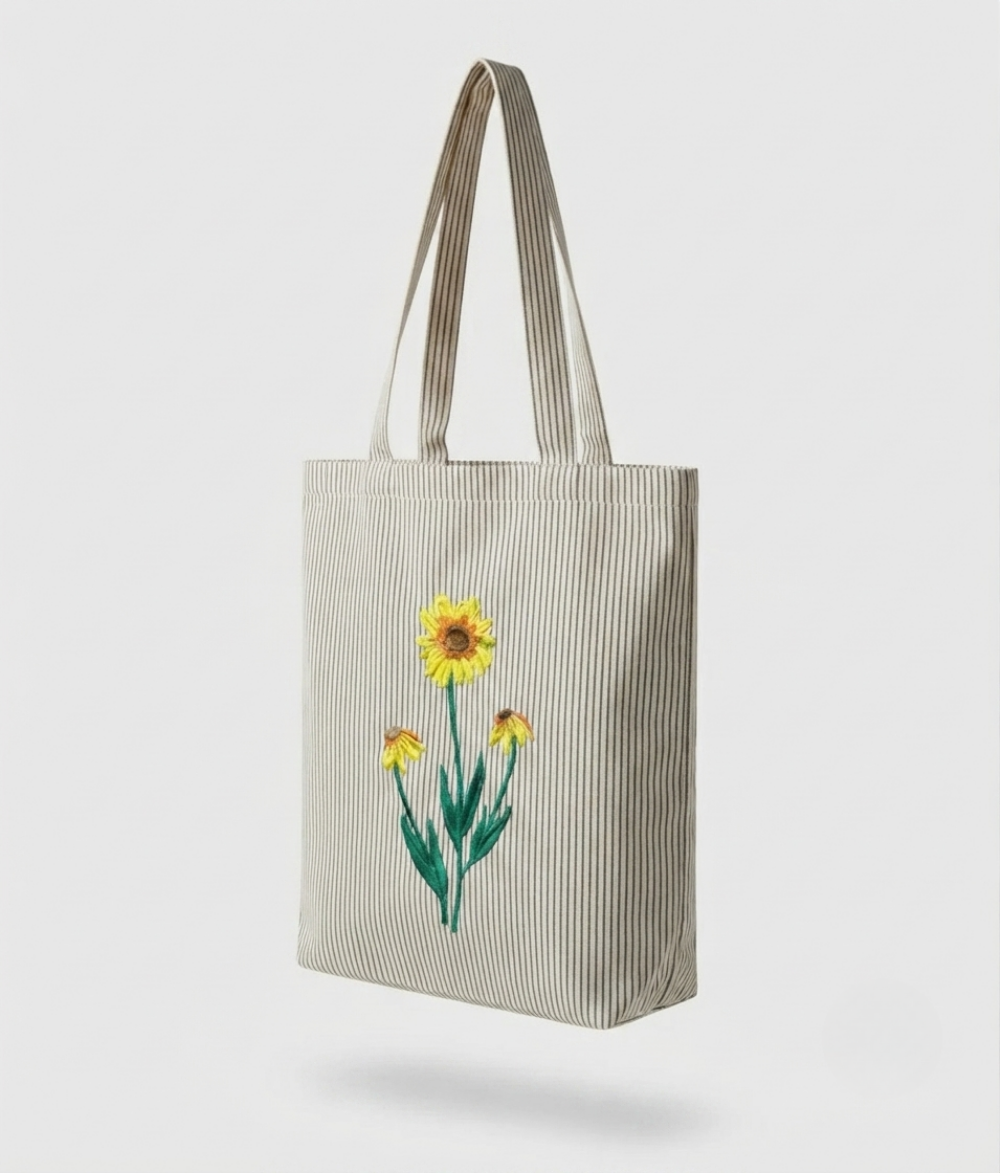 Floral Striped Cotton Tote Bag | White Cotton Shoulder Bag