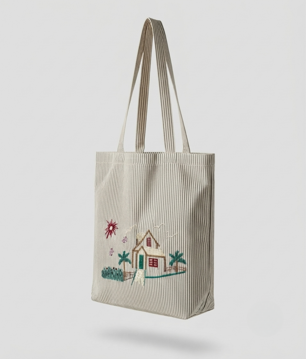 Cottage Scene Striped Cotton Tote Bag | Beige Cotton Shoulder Bag