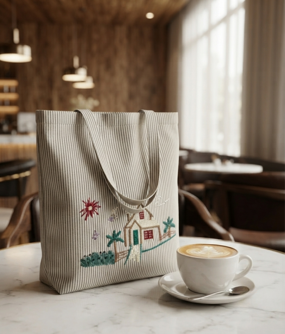 Cottage Scene Striped Cotton Tote Bag | Beige Cotton Shoulder Bag