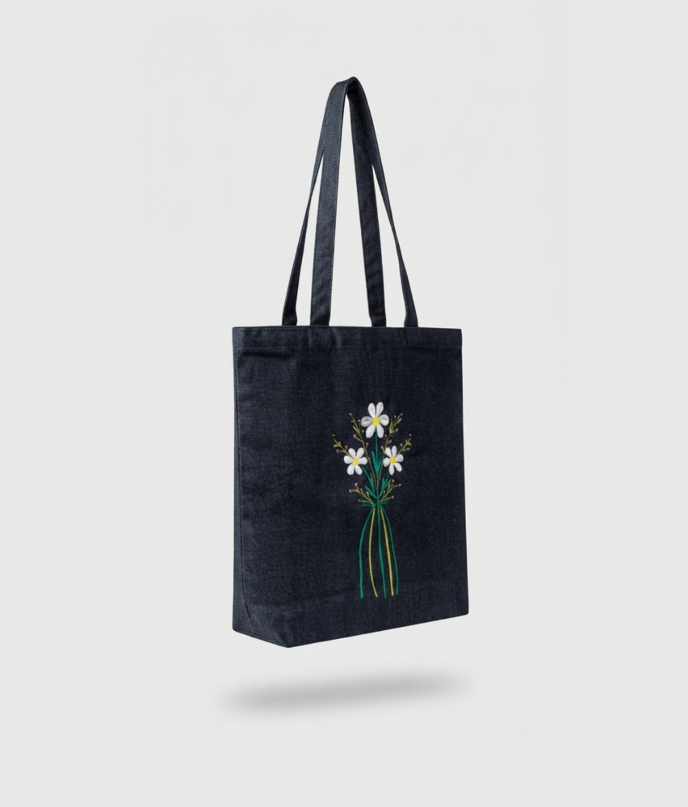 Floral Denim Tote Bag | Dark Wash Blue Cotton Shoulder Bag