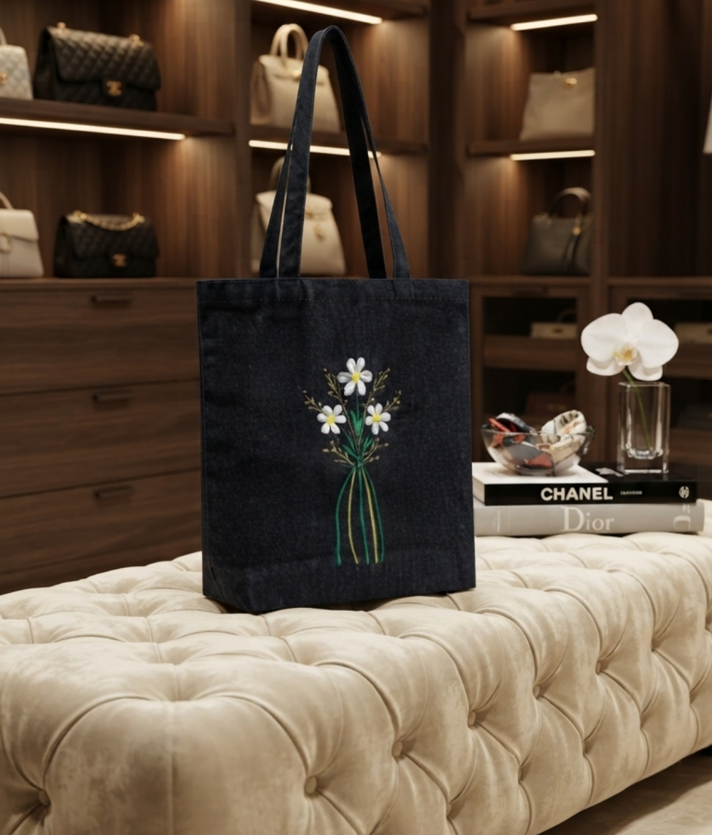 Floral Denim Tote Bag | Dark Wash Blue Cotton Shoulder Bag
