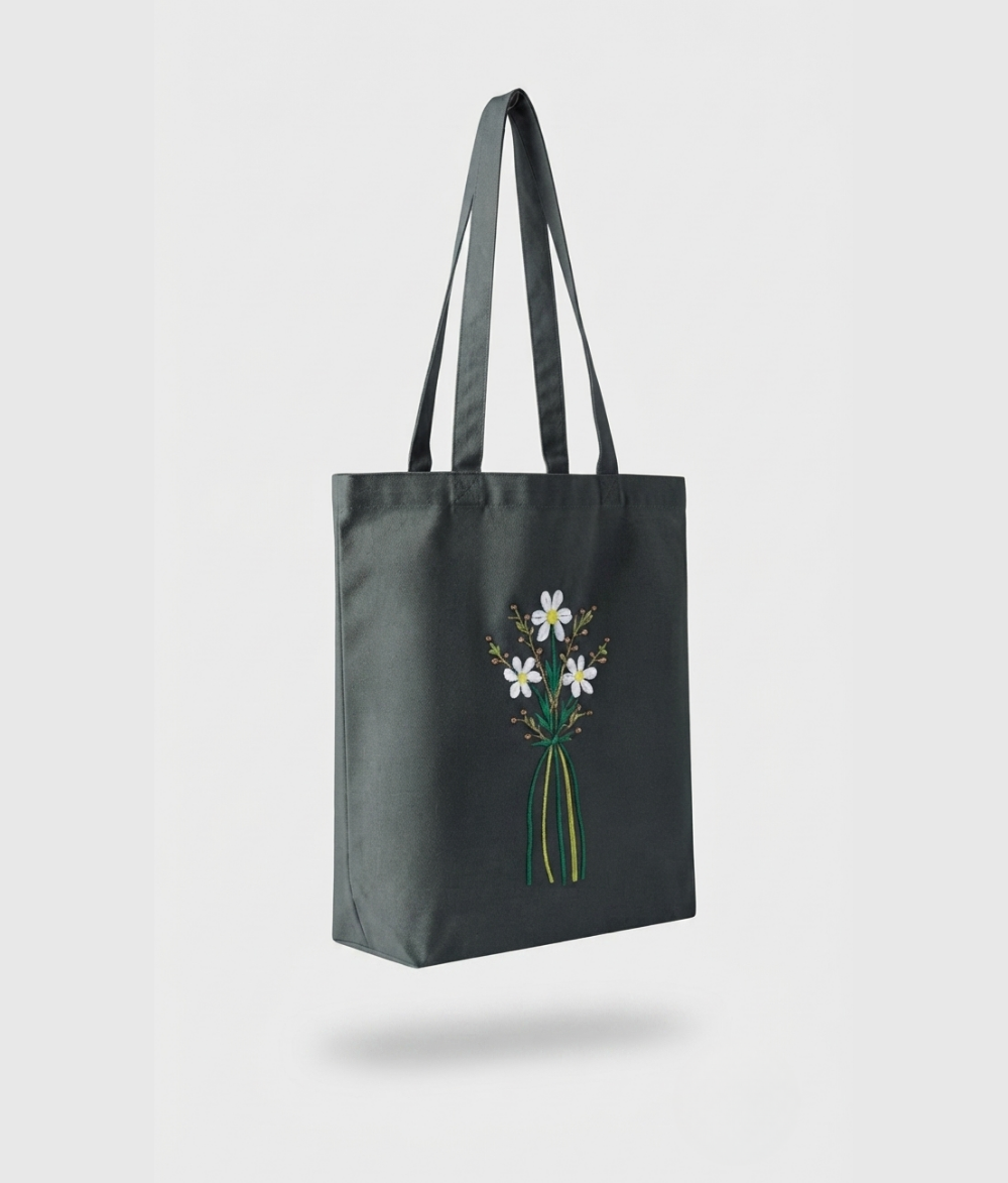 Floral Canvas Tote Bag | Charcoal Black Cotton Shoulder Bag