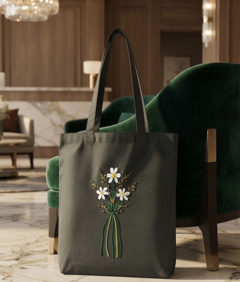 Floral Canvas Tote Bag | Charcoal Black Cotton Shoulder Bag
