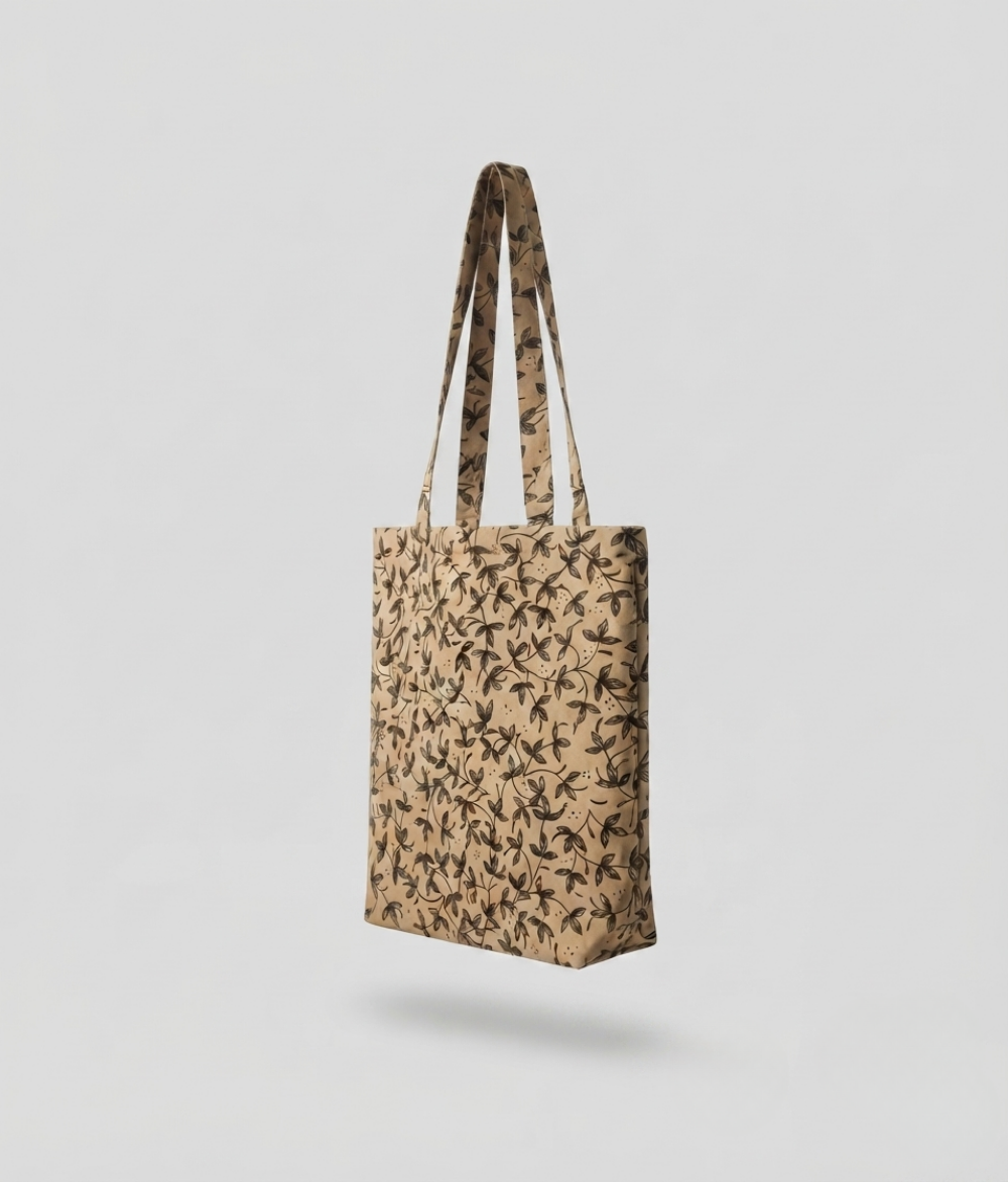 Botanical Print Tote Bag | Beige Cotton Canvas Shoulder Bag