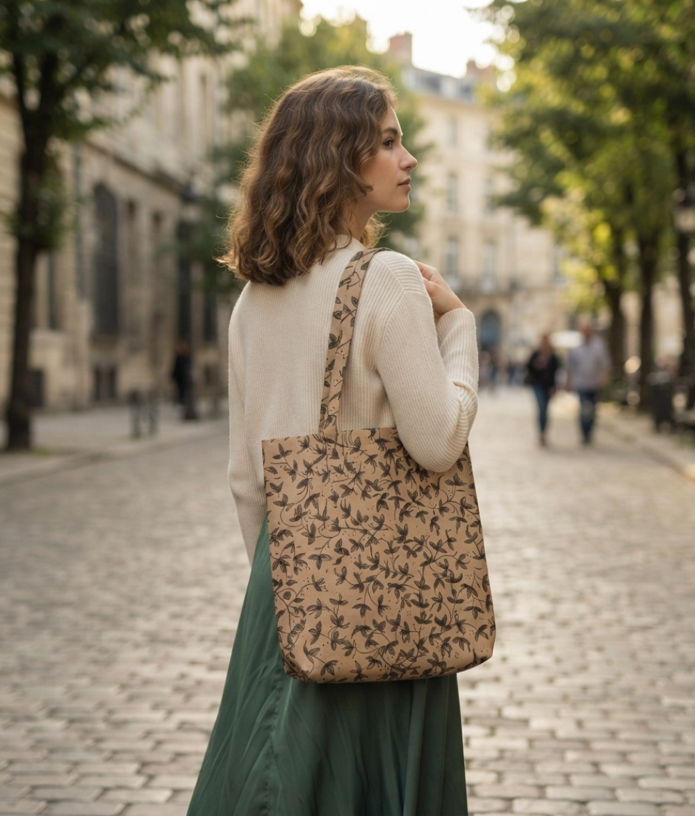 Botanical Print Tote Bag | Beige Cotton Canvas Shoulder Bag