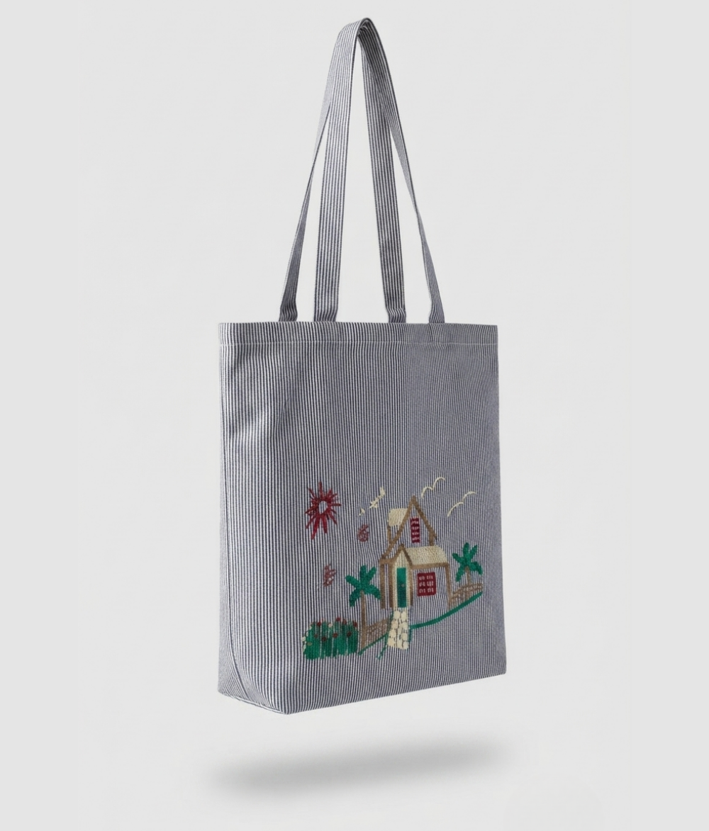 Scenic House Print Tote Bag | Gray Striped Cotton Canvas Shoulder Bag