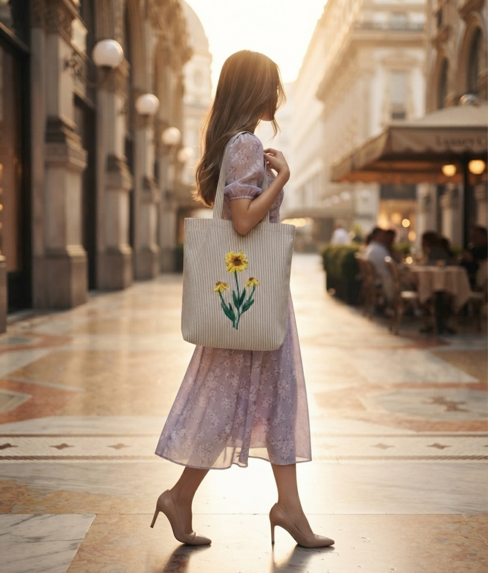Floral Striped Cotton Tote Bag | White Cotton Shoulder Bag