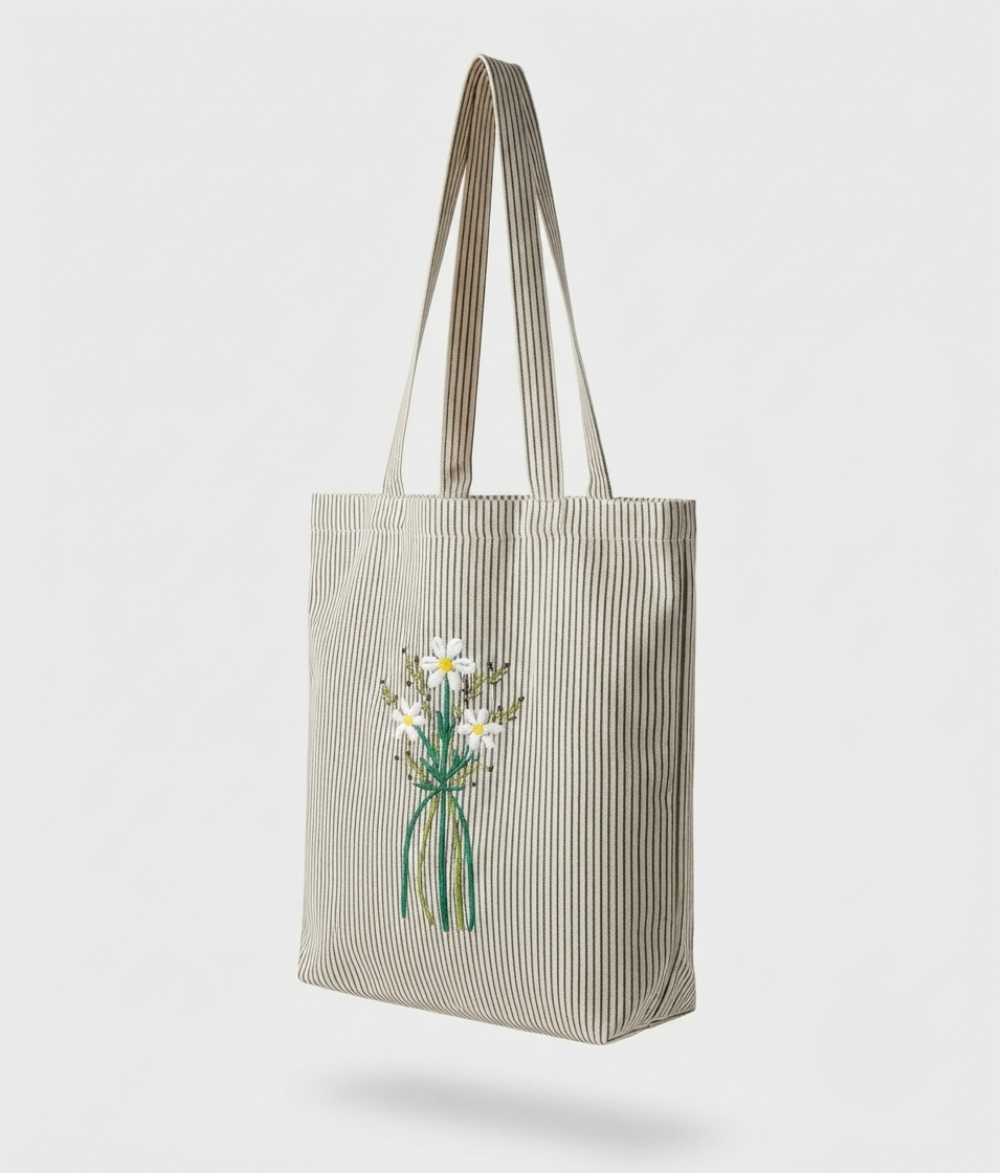 Floral Striped Cotton Tote Bag | Beige Cotton Shoulder Bag