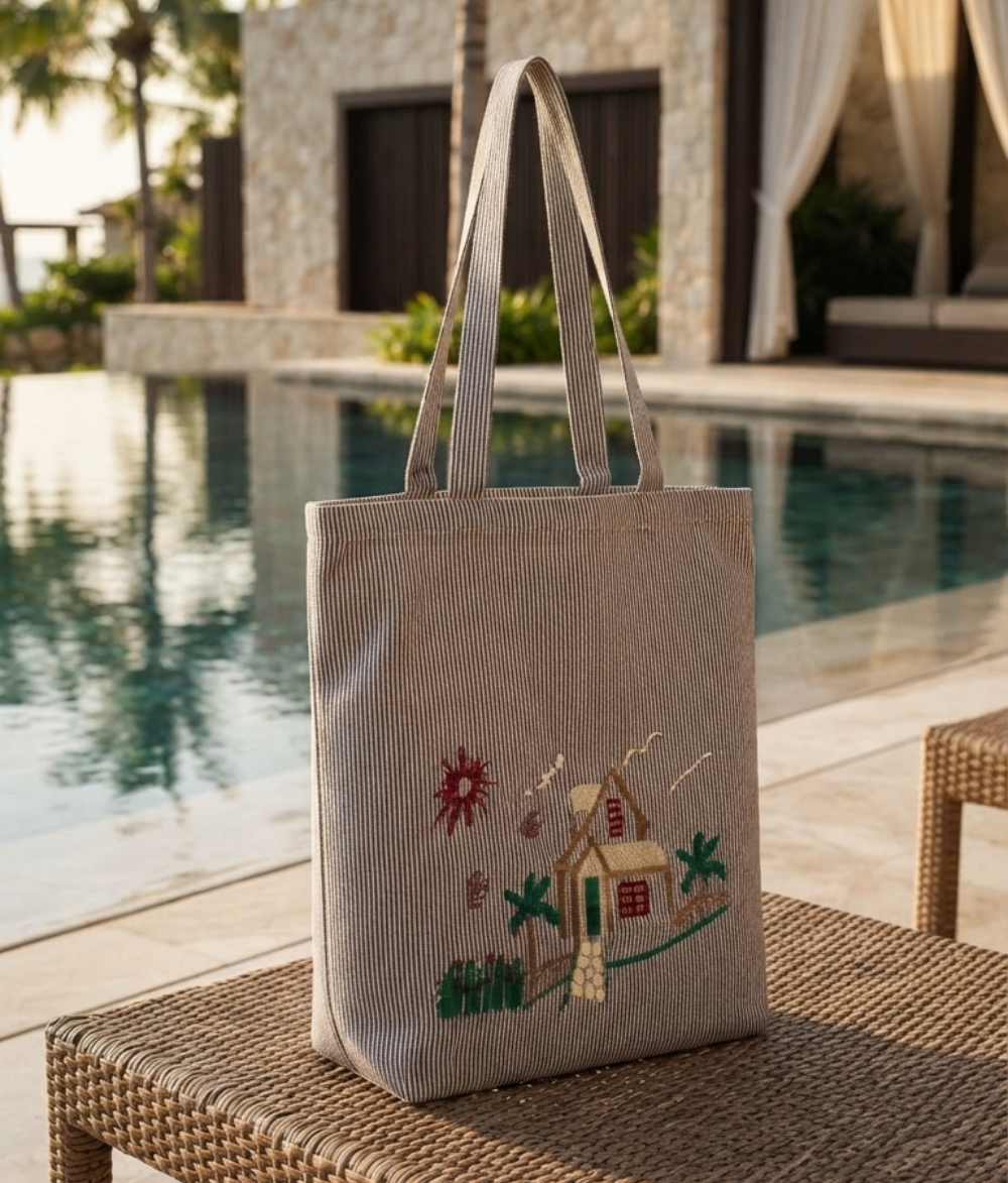 Scenic House Print Tote Bag | Gray Striped Cotton Canvas Shoulder Bag
