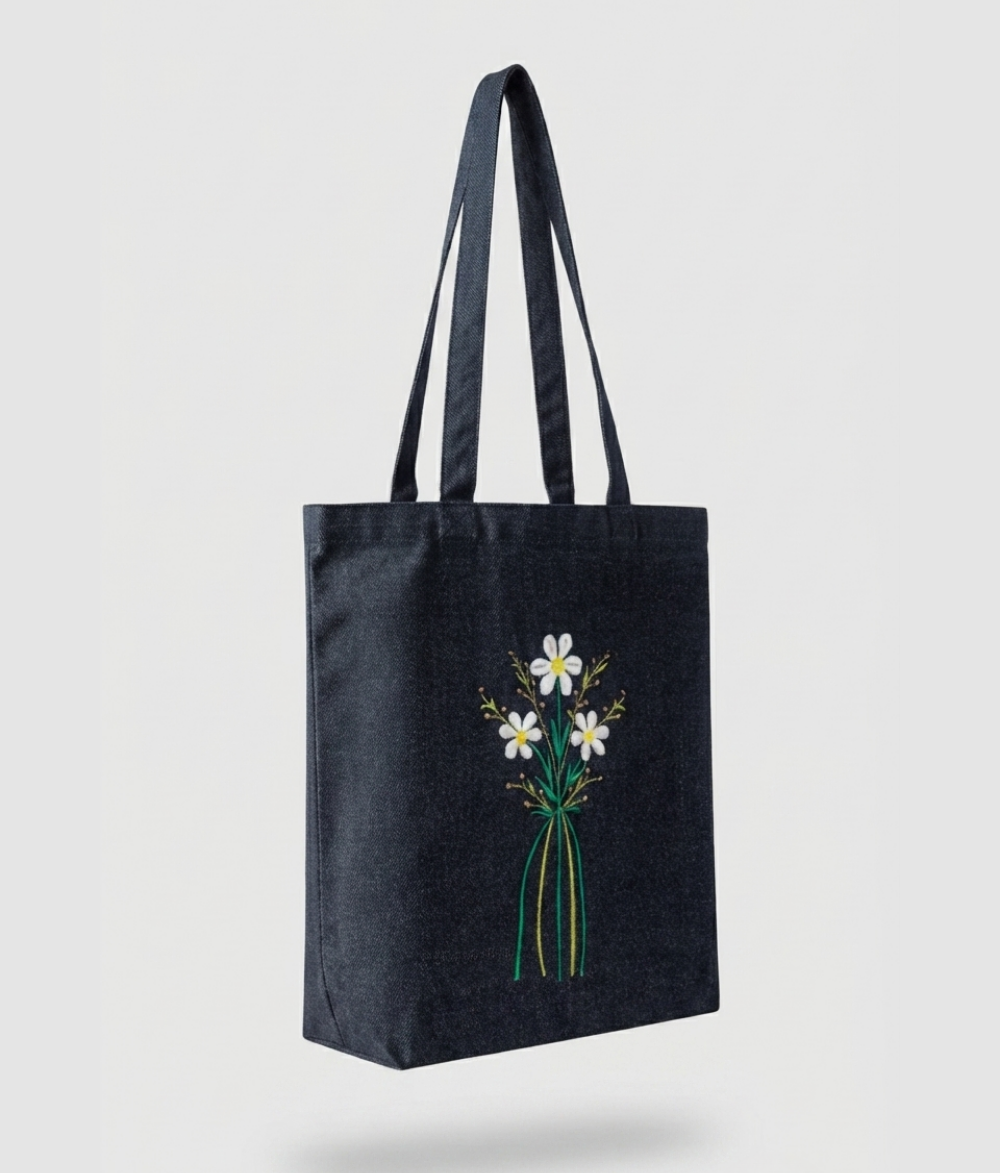 Floral Denim Tote Bag | Dark Wash Blue Cotton Canvas Shoulder Bag