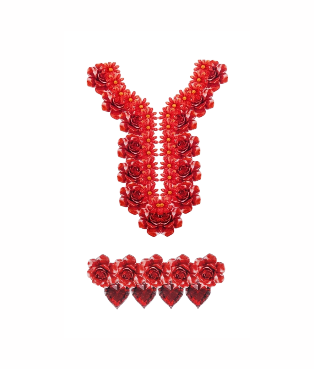 3D Ruby Rose Embroidery – Neckline & Border Patch
