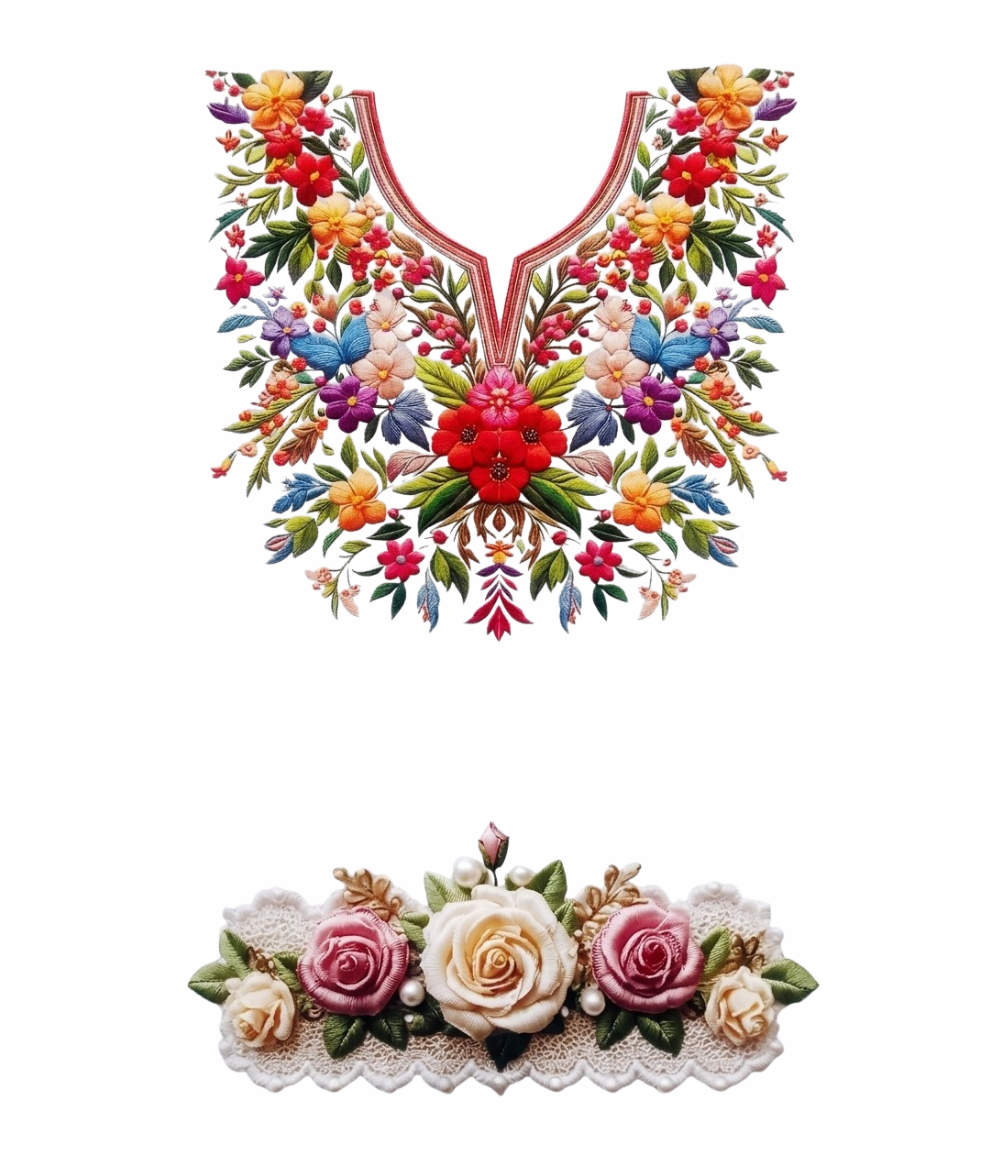 Multi-Color Floral Neckline & 3D Satin Rose Patch