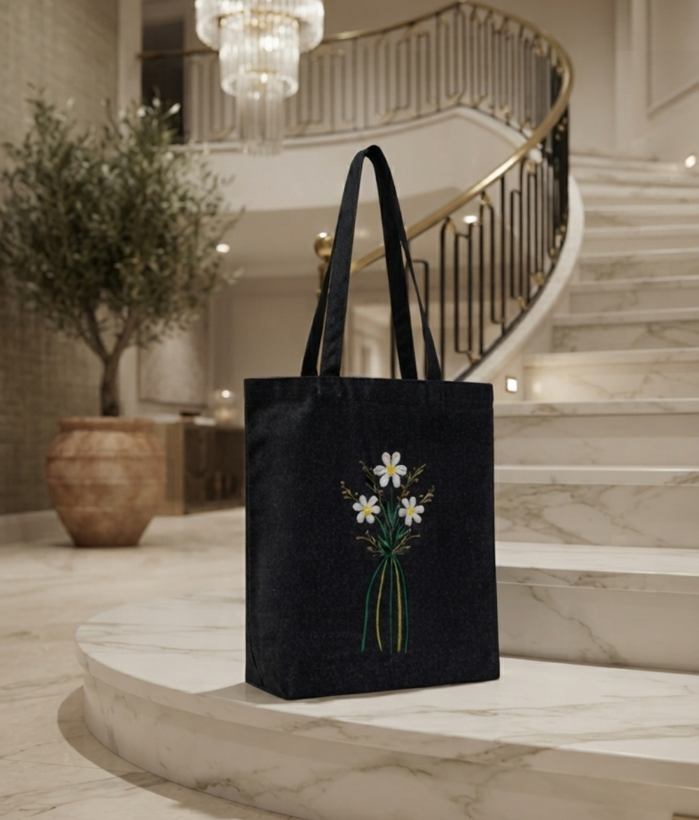 Floral Denim Tote Bag | Dark Wash Blue Cotton Canvas Shoulder Bag