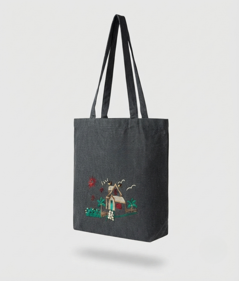 Minimalist Scenic House Tote Bag | Charcoal Gray Cotton Canvas Shoulder Bag