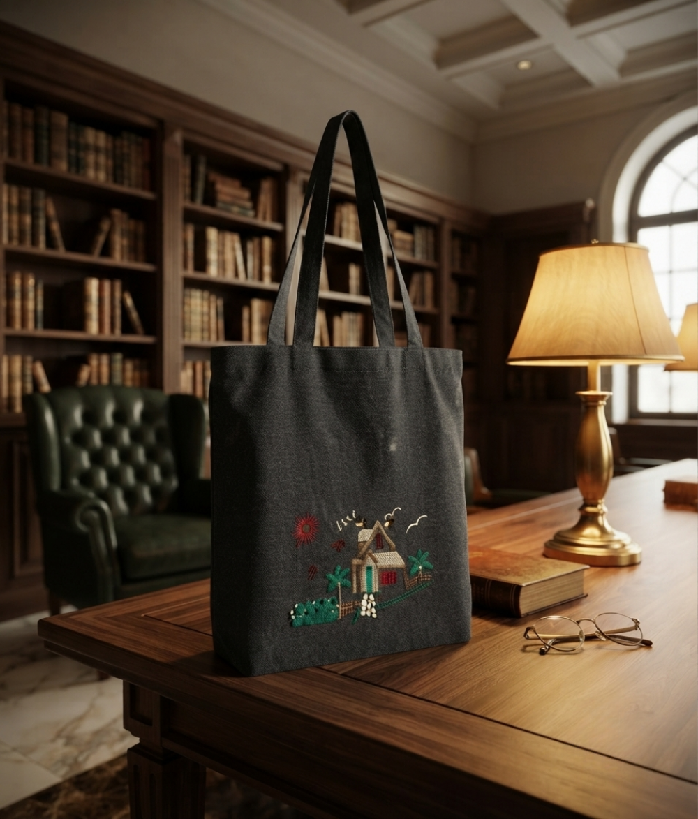 Minimalist Scenic House Tote Bag | Charcoal Gray Cotton Canvas Shoulder Bag