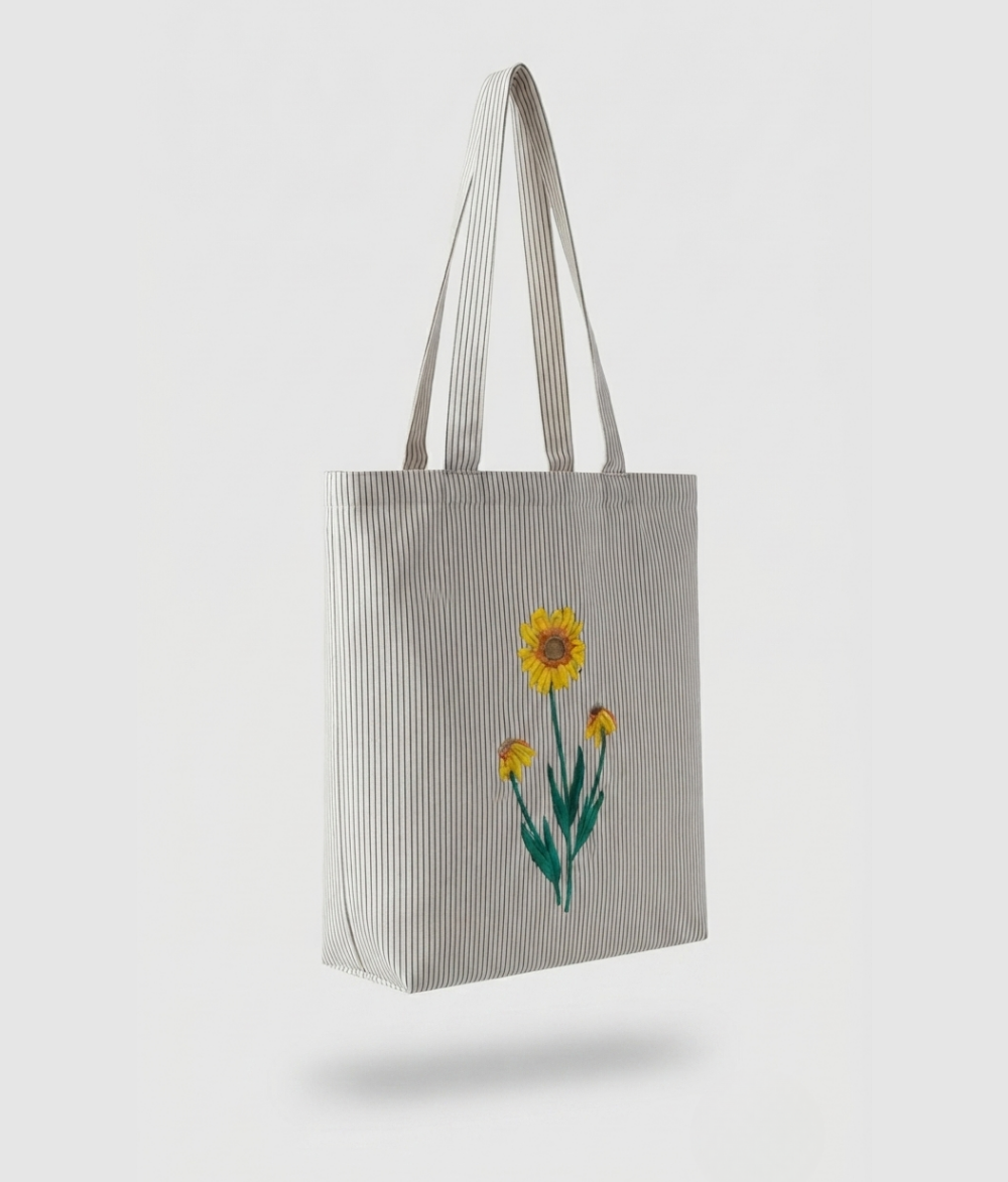 Sunflower Stripe Tote Bag | Light Gray Cotton Canvas Shoulder Bag