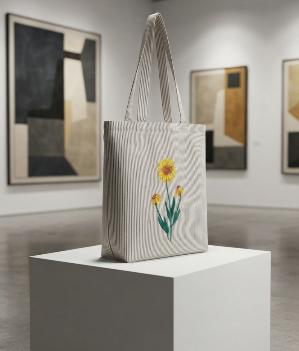 Sunflower Stripe Tote Bag | Light Gray Cotton Canvas Shoulder Bag