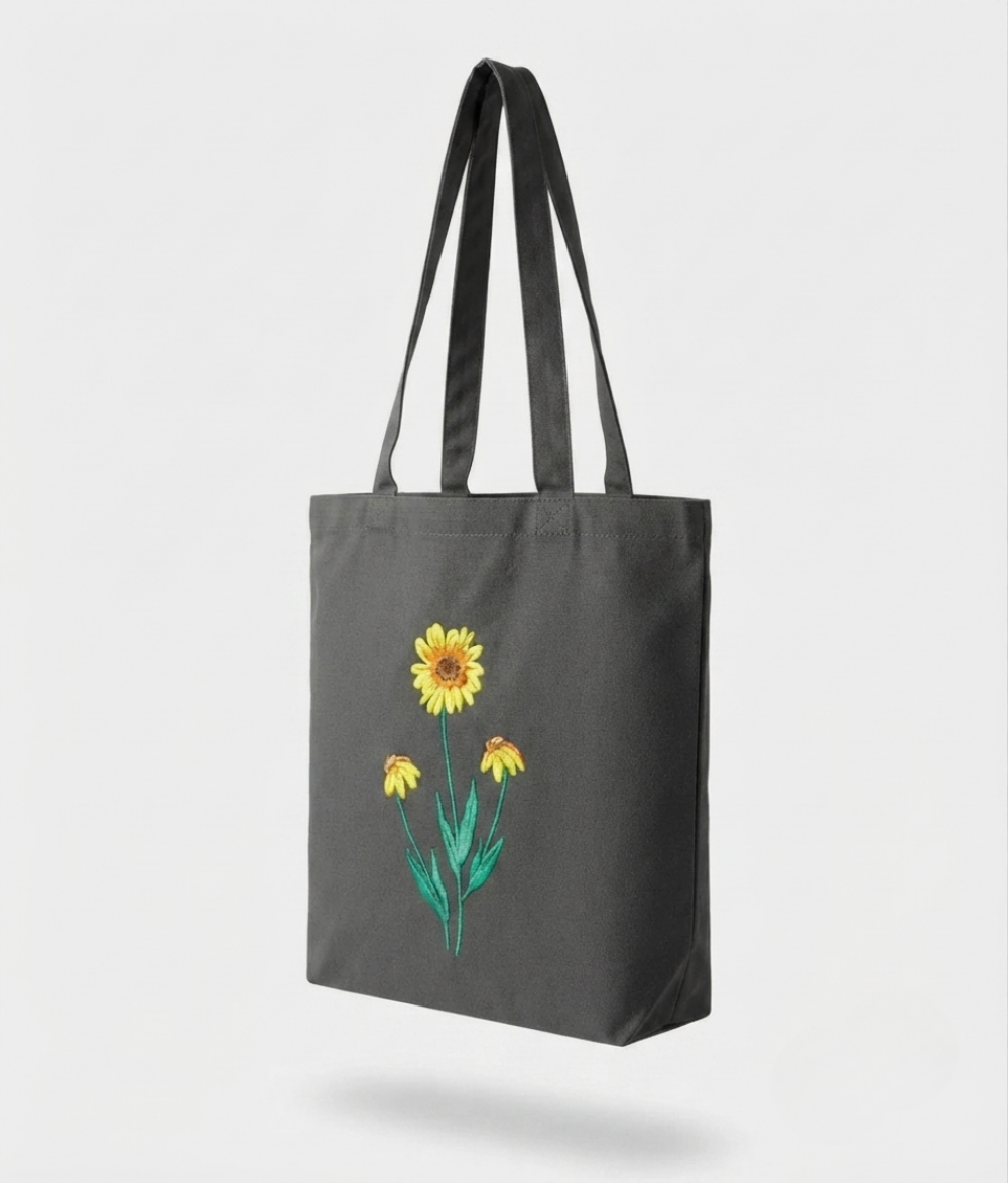 Sunflower Canvas Tote Bag | Charcoal Gray Cotton Shoulder Bag