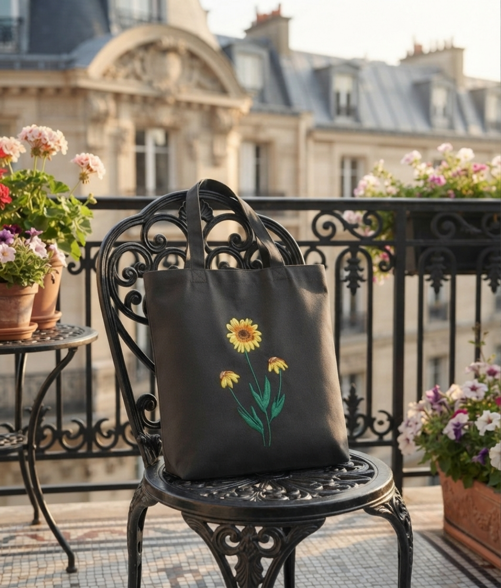 Sunflower Canvas Tote Bag | Charcoal Gray Cotton Shoulder Bag