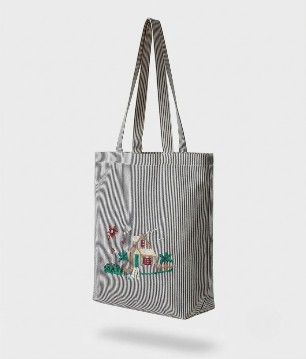 Fine-Stripe Scenic Tote Bag | Gray &amp; White Cotton Canvas Shoulder Bag