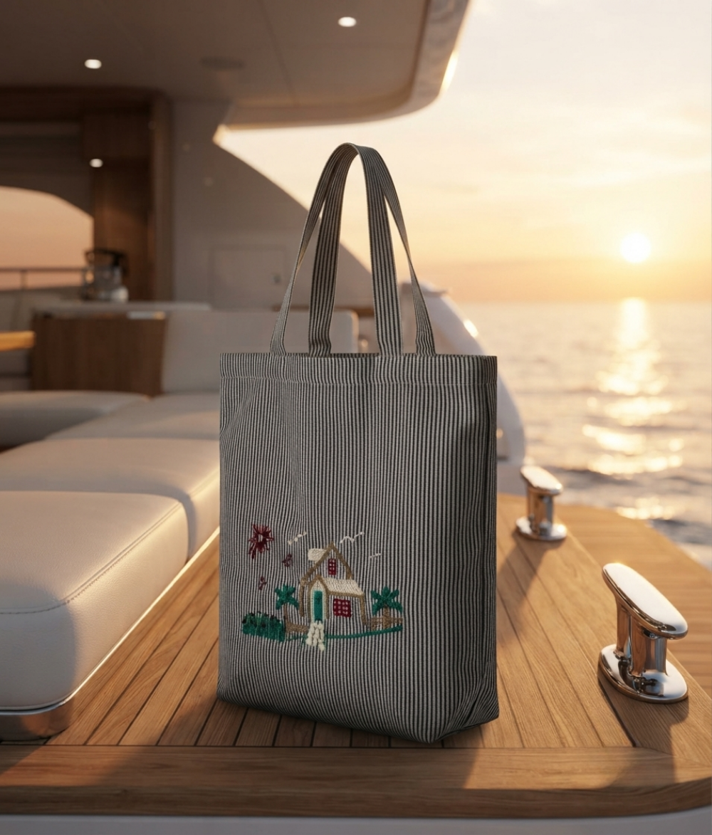 Fine-Stripe Scenic Tote Bag | Gray &amp; White Cotton Canvas Shoulder Bag