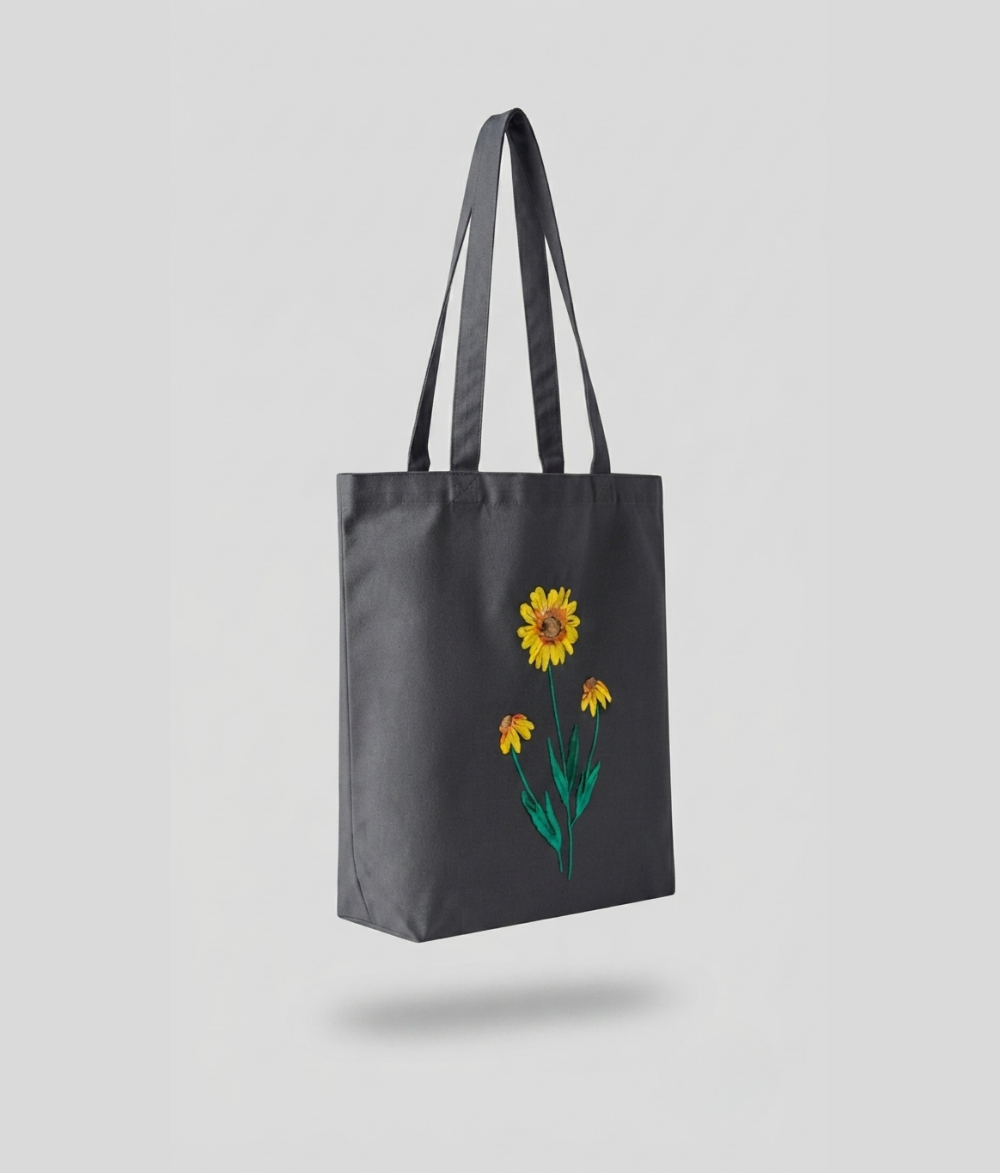 Sunflower Canvas Tote Bag | Charcoal Gray Cotton Shoulder Bag
