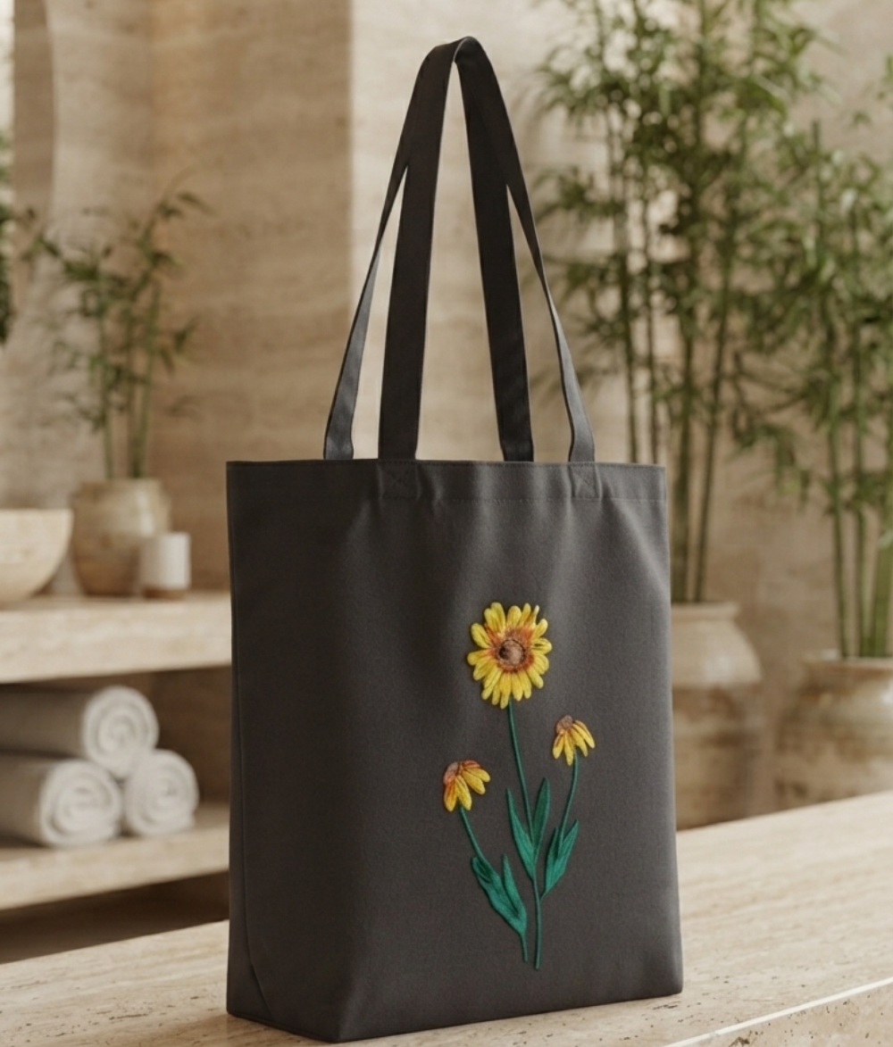 Sunflower Canvas Tote Bag | Charcoal Gray Cotton Shoulder Bag