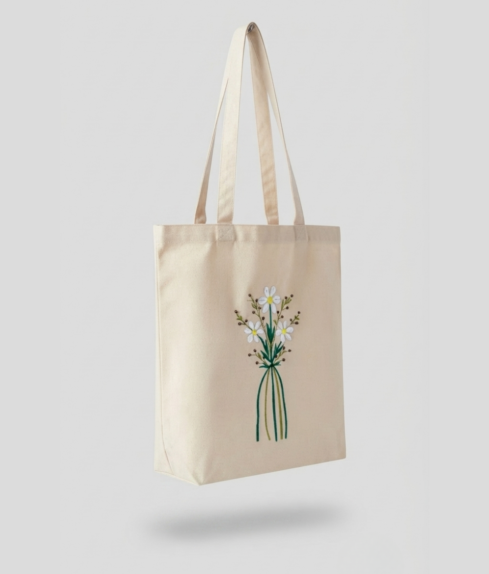 Floral Canvas Tote Bag | Cream Cotton Shoulder Bag