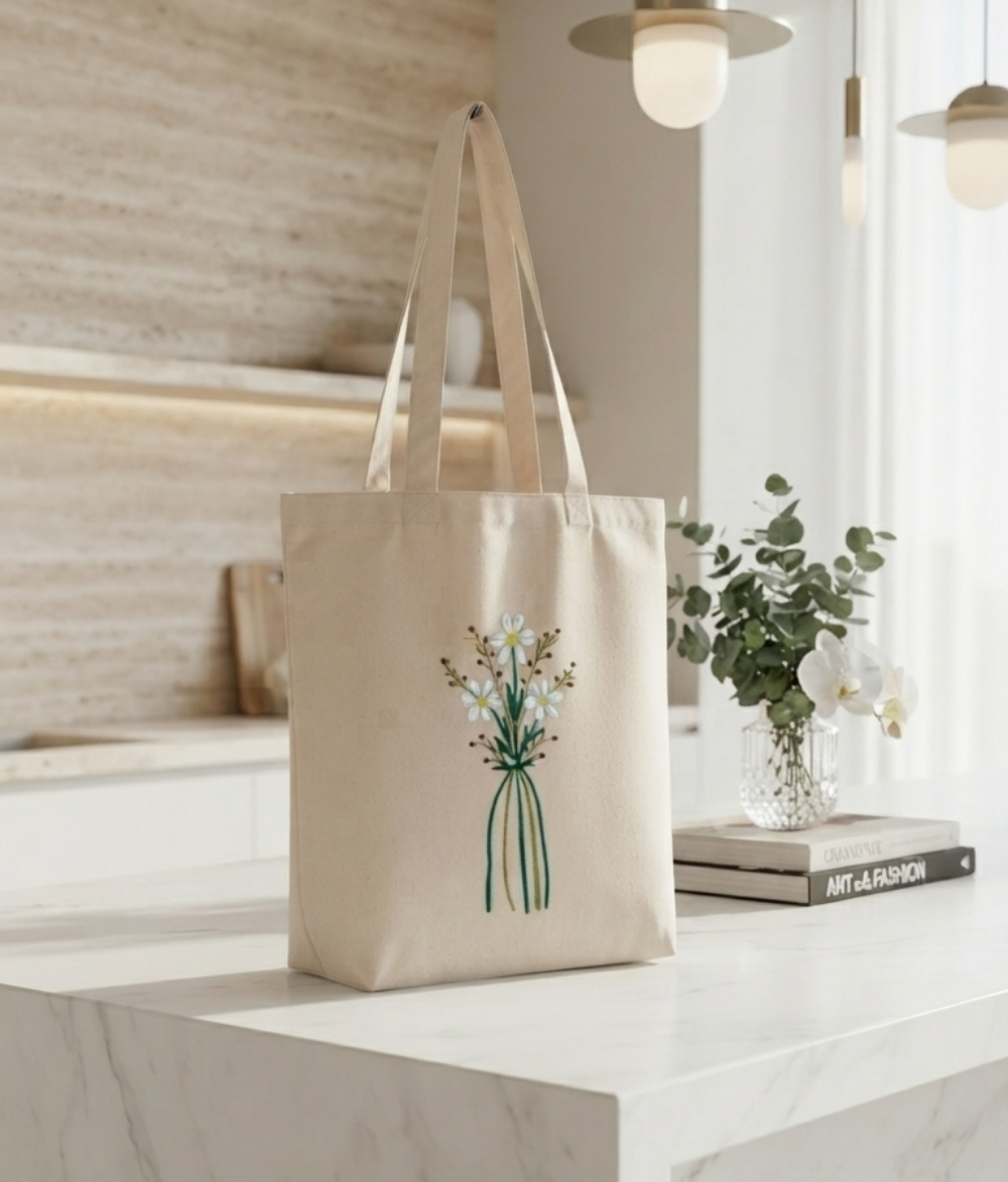 Floral Canvas Tote Bag | Cream Cotton Shoulder Bag