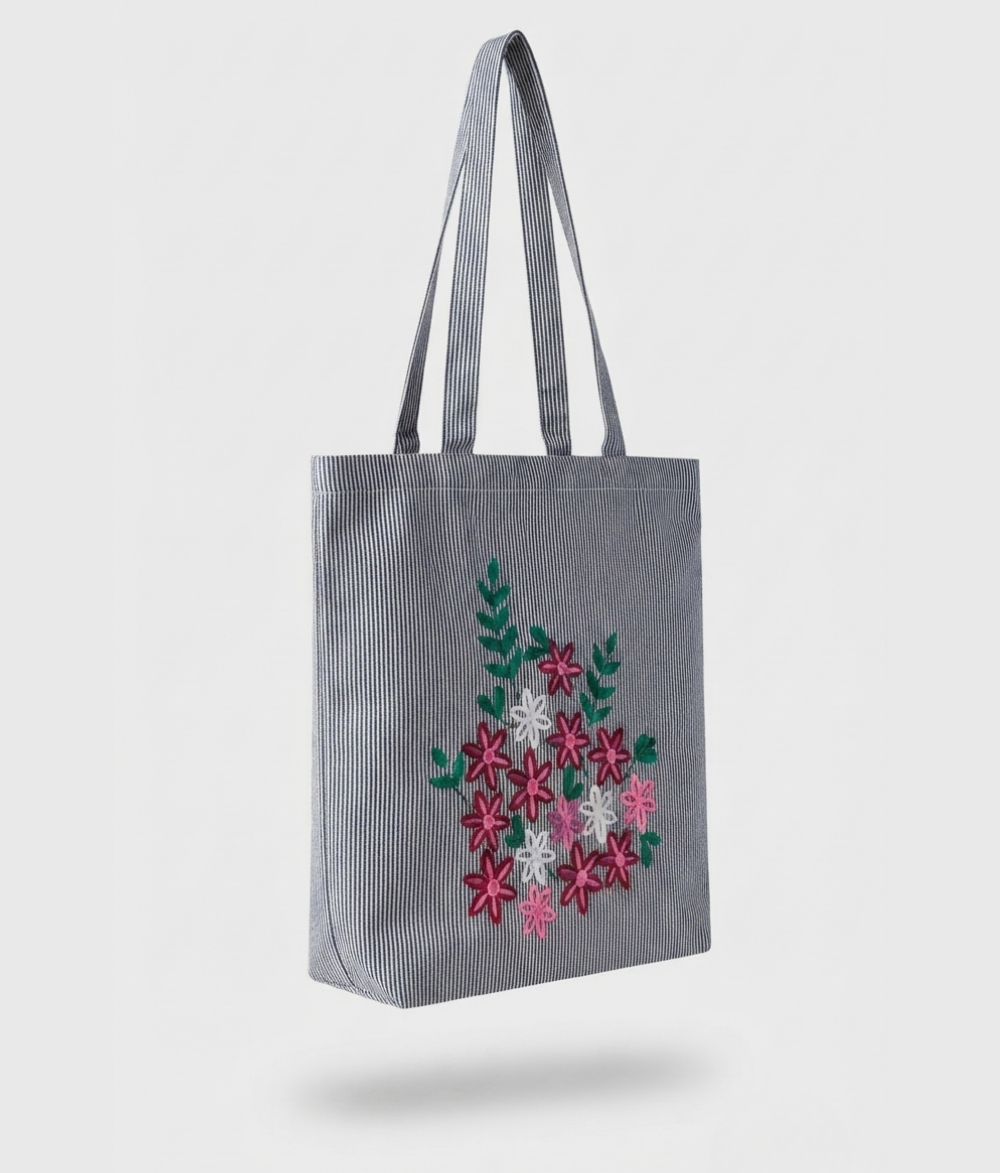 Floral Stripe Tote Bag | Gray &amp; White Cotton Canvas Shoulder Bag