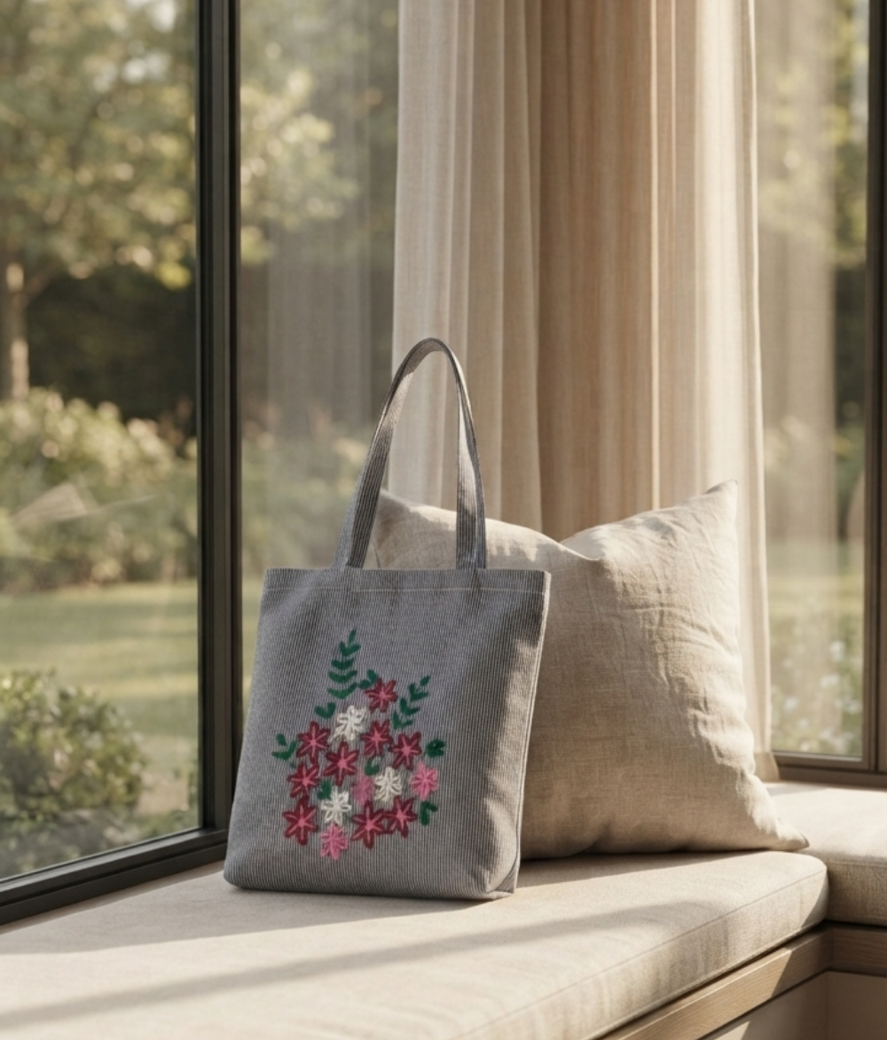 Floral Stripe Tote Bag | Gray &amp; White Cotton Canvas Shoulder Bag