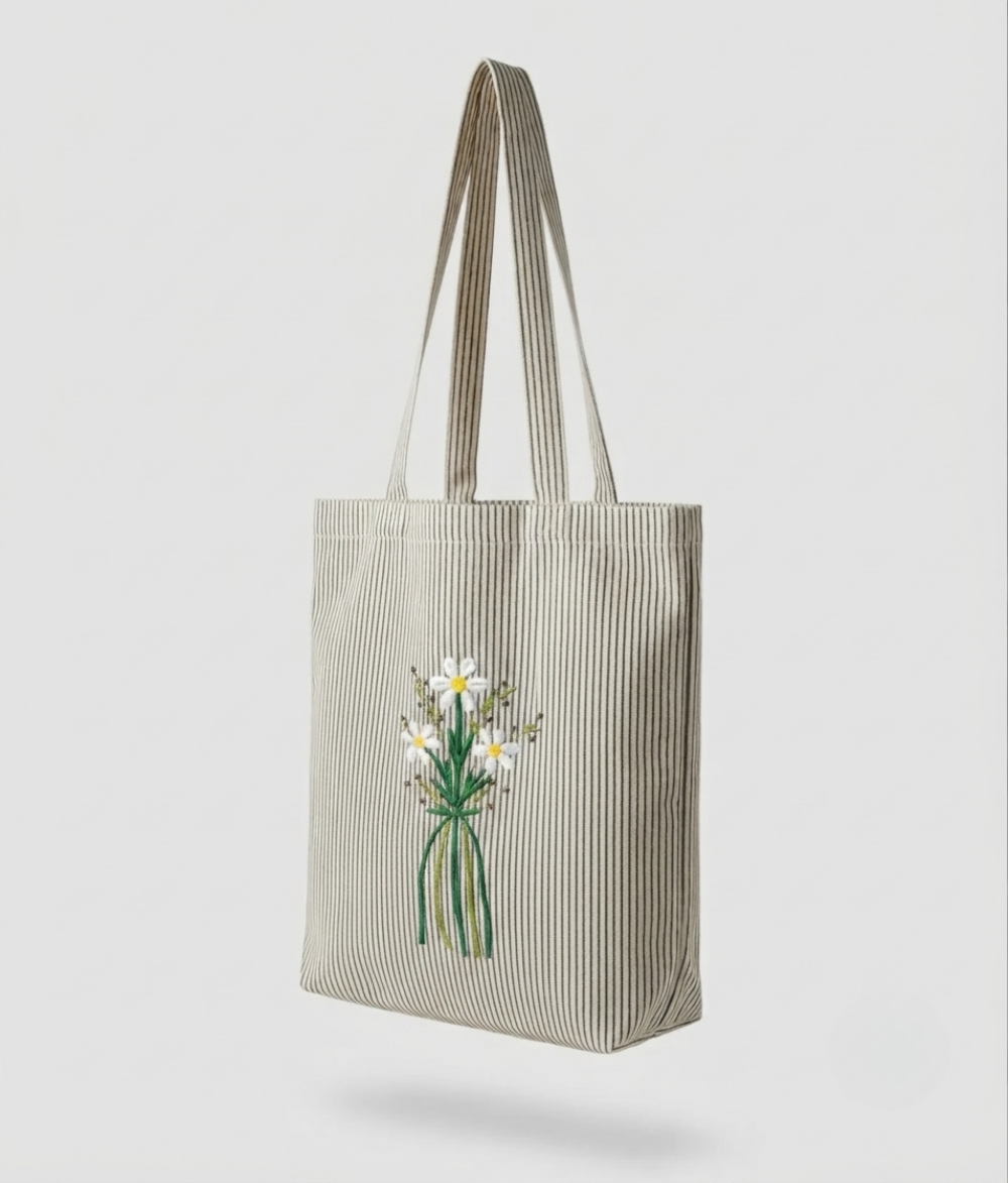 Daisy Stripe Tote Bag | Cream &amp; Gray Cotton Canvas Shoulder Bag