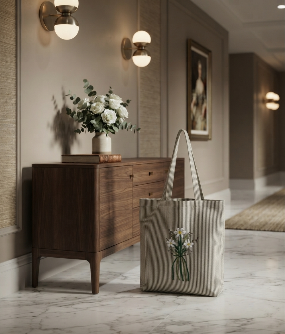 Daisy Stripe Tote Bag | Cream &amp; Gray Cotton Canvas Shoulder Bag